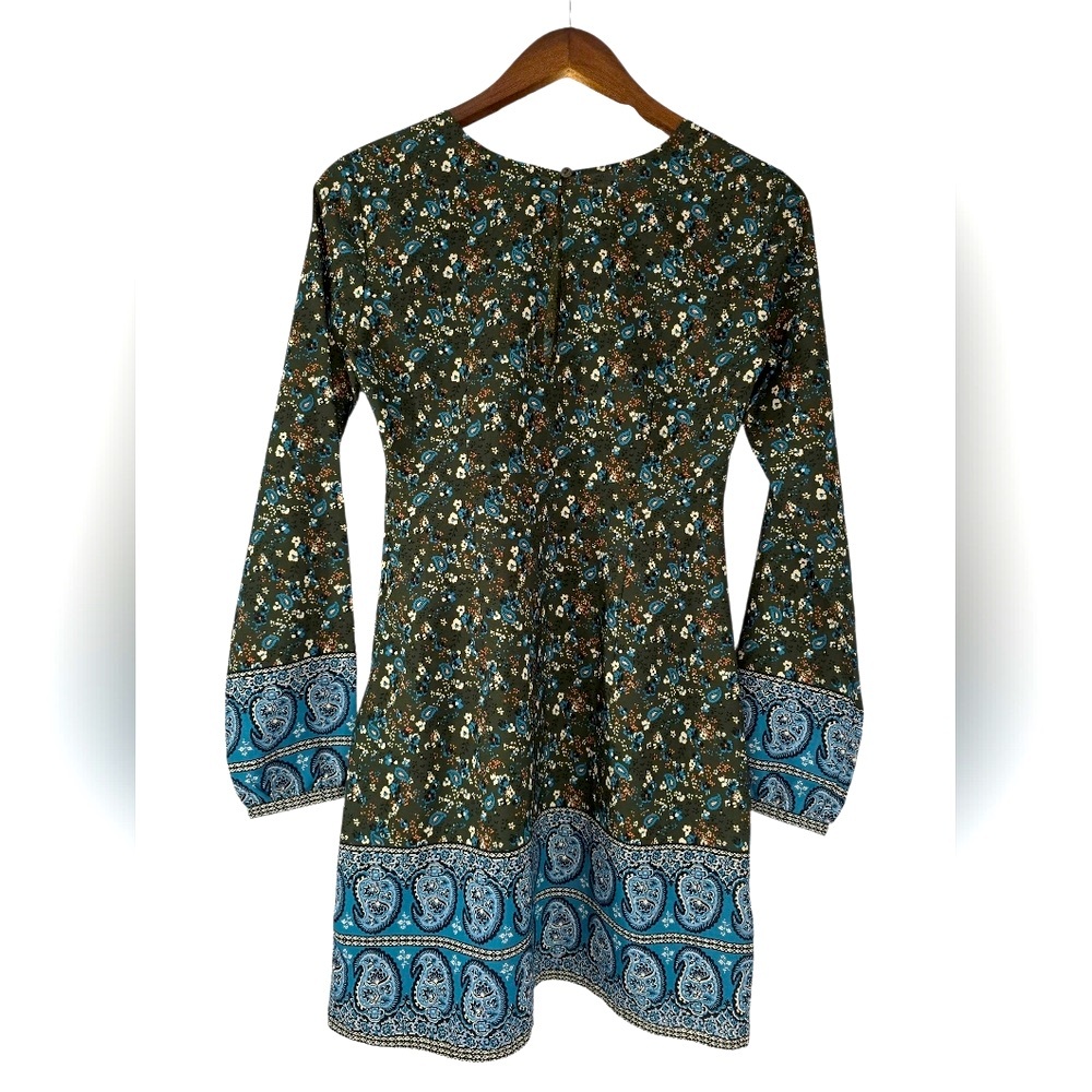 ABERCROMBIE & FITCH Forest Green Mini Dress Green Blue Paisley Long Sleeve XS
